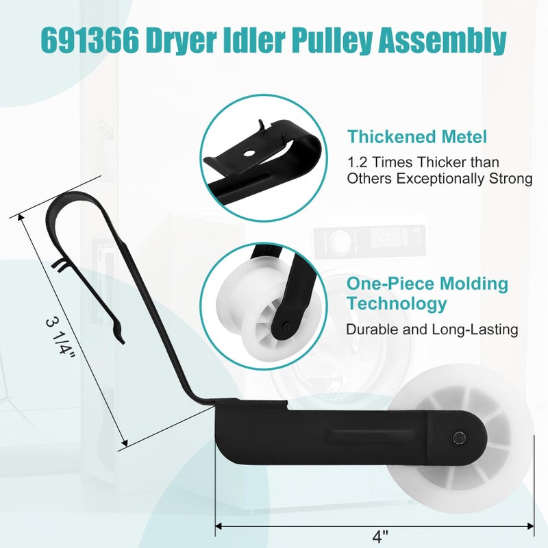 Iococee Upgraded 4392065 Dryer Repair Kit Including 691366 Idler Pulley, 341241 Dryer Belt, 349241t Roller, Dryer Parts for Whirlpool Kenmore Roper Maytag Sears Amana, Replaces AP3131942 AP6010582 WP691366 - Image 4
